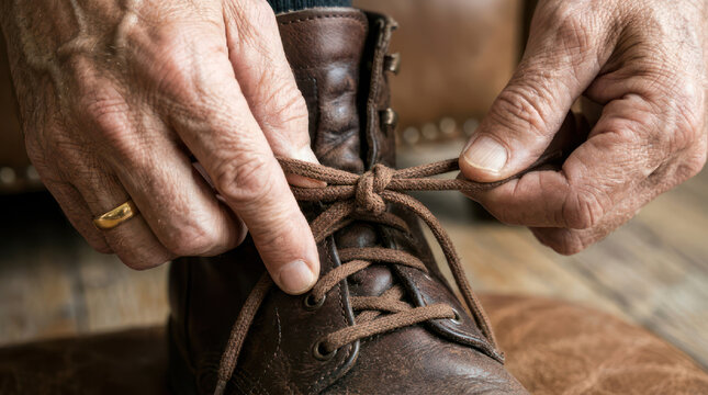 Elderly hands tying shoelaces on a brown leather boot.