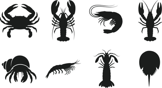 Black silhouettes of marine crustaceans and arthropods vector icons isolated on a white background