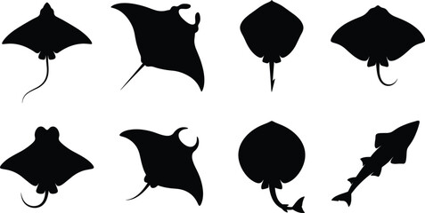Black silhouettes of stingrays and marine elasmobranch fish vector icons isolated on a white background © MstAshida