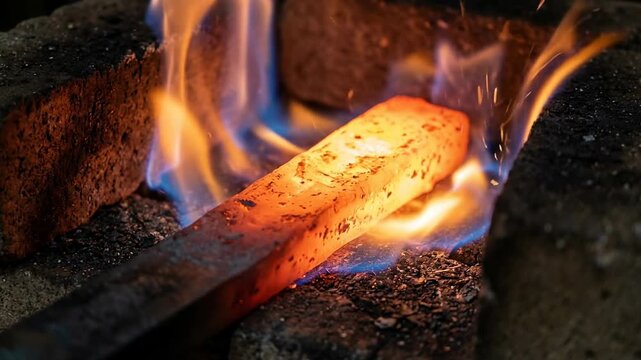 Close up of glowing hot metal bar being heated with blue and orange flames in a blacksmith forge