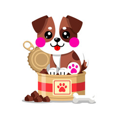Fototapeta premium A cute puppy sitting on an open can of food. Flat vector mascot design.