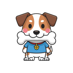 Obraz premium A puppy proudly holds a large white bone in its mouth. Flat vector mascot design.