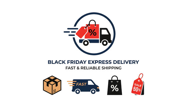 Black friday express delivery service logo with fast shipping truck and discount tag icon.