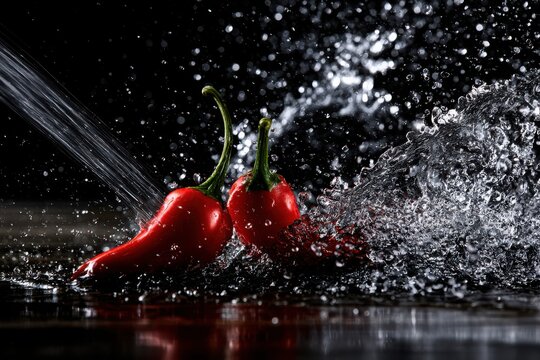 Two Red Chili Peppers with Fresh Water Splash on Black Background