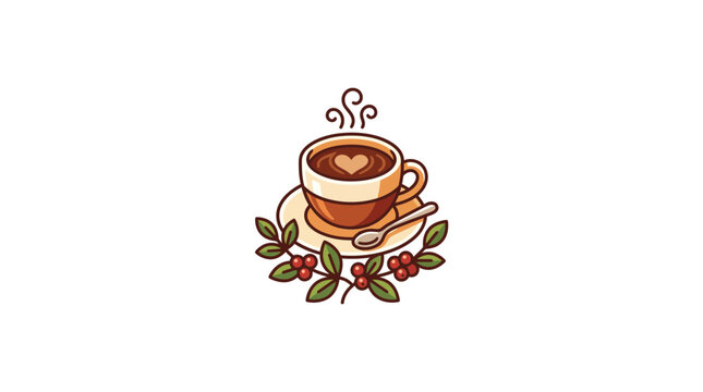 Hand-drawn steaming cup of coffee with heart latte art and coffee beans