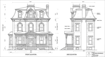 Fototapeta premium Traditional architectural blueprint vector of historical Victorian residence facade showing detailed window frames and decorative mansard roof