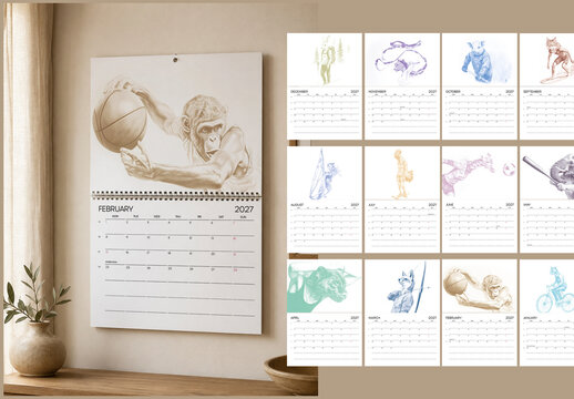 Editable A4 2027 Calendar Template With Animal Sport Illustrations