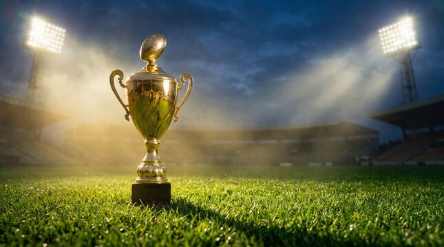 Shining golden football championship trophy standing on lush green grass beneath dramatic stadium lights with cinematic atmosphere.

