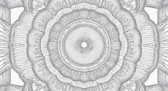 Intricate pale silver-blue guilloche line art with circular rosette pattern, geometric symmetry, and security background design for bank notes or certificates on white background.