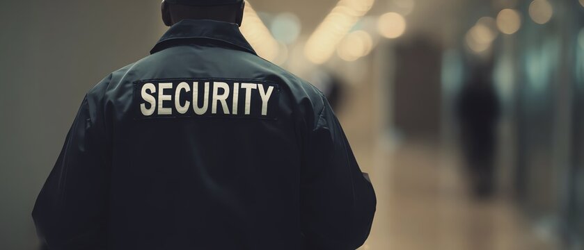 Professional security guard in a hallway.