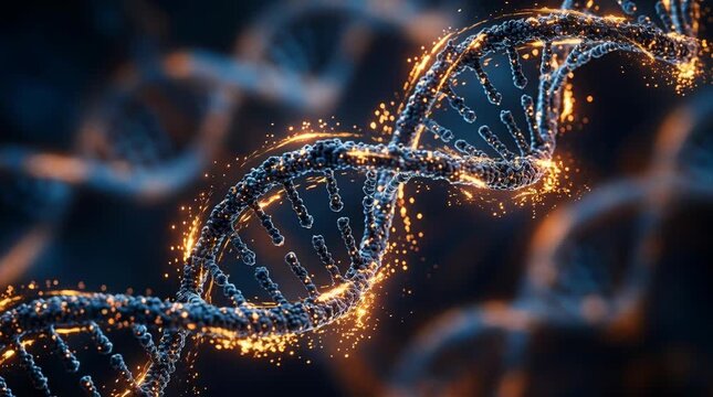DNA double helix structure, glowing golden particles on dark background. Genetic code molecular biology science. Genome research medical technology