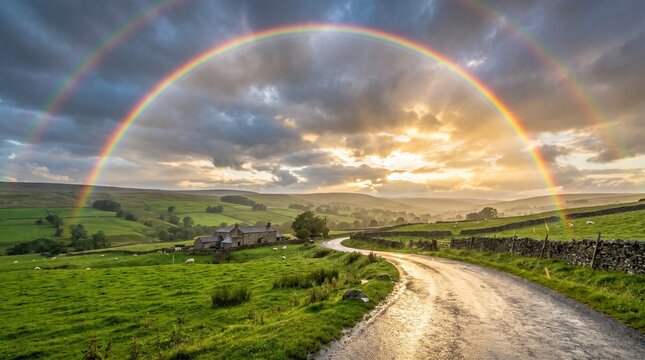 A breathtaking double rainbow arches over a winding country road after a rain shower, illuminating a serene rural landscape.