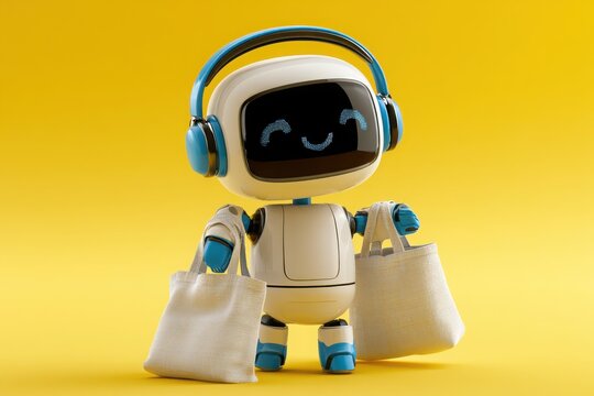 Cute 3D render robot with blue headphones holding shopping bags on a yellow background