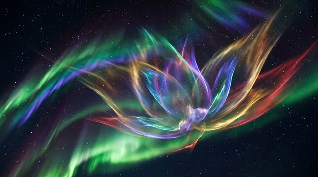 Vibrant cosmic flower shaped aurora borealis glows with brilliant multicolored light ribbons against a deep dark starry night sky creating an ethereal and mystical atmospheric display