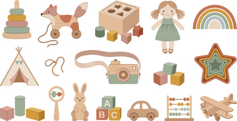 Cute pastel toy collection with wooden blocks, rainbow and nursery play items, boho children vector set isolated on white background © Md