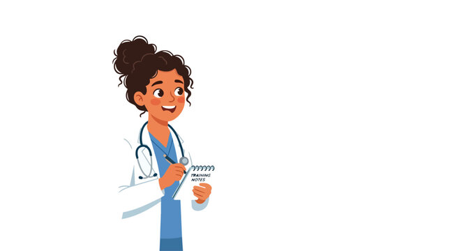 Friendly young female doctor with stethoscope taking notes.