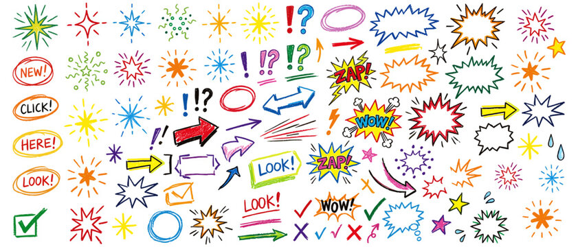 Vibrant marker pen doodles with speech bubbles and starburst shapes. Extensive array of hand drawn highlighter marks and comic icons. Colorful sketchy frames and pointer arrows for web design.