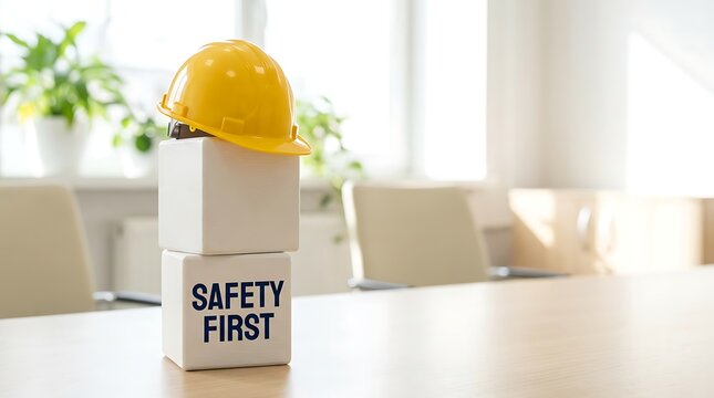 Yellow protective hard hat resting on top of white cubes with safety first text printed on surface placed on office desk representing workplace environment and job site security.