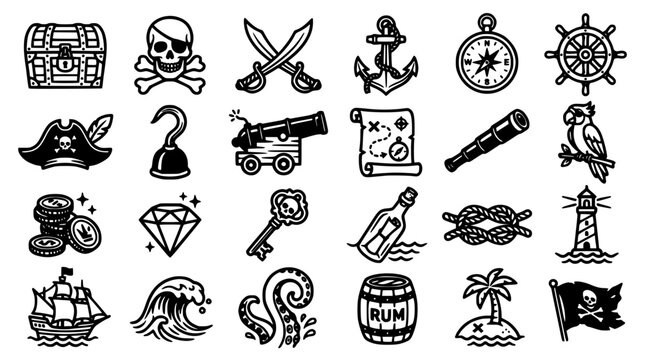 Pirate Treasure Icon Set Featuring Skull, Crossed Swords, Ship, Anchor, Compass, Cannon, Rum Barrel, and Flags