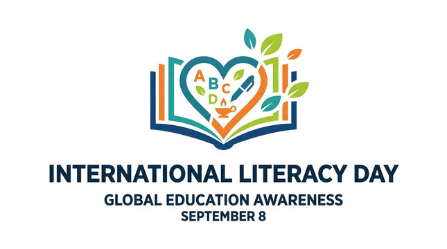 International literacy day vector logo with book and leaves for global education awareness.