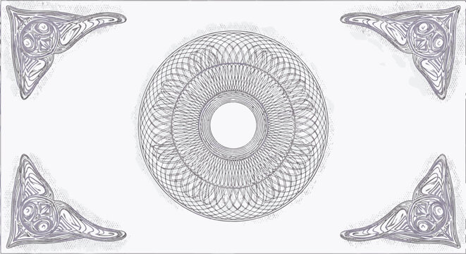 Intricate pale lavender guilloche rosette design with four ornate corner ornaments on a light textured background. Geometric security pattern for certificates or currency.
