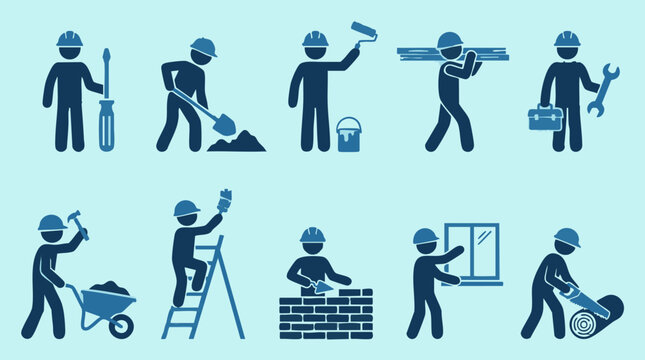 Construction Worker and Builder Icons Demonstrating Various Building Trades