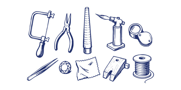 jewelry making and goldsmith craft element tool doodle icon set vector illustration