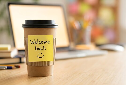 Coffee cup with welcome back message and smiley face on sticky note sits on desk near laptop computer in modern office setting warm lighting.
