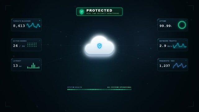 Cloud security monitoring dashboard with real time data metrics network protection interface