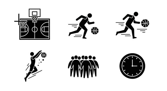 Basketball Sport Icons: Court, Players, Dribbling, Dunking, Team, Clock