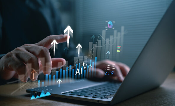 AI business analytics dashboard with growth charts and performance metrics on a laptop, artificial intelligence, predictive analytics, KPI monitoring, business intelligence, digital transformation.