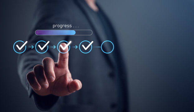 Business workflow progress interface with digital checklist and task completion tracking, representing project management, process automation, productivity, milestone planning, workflow optimization.