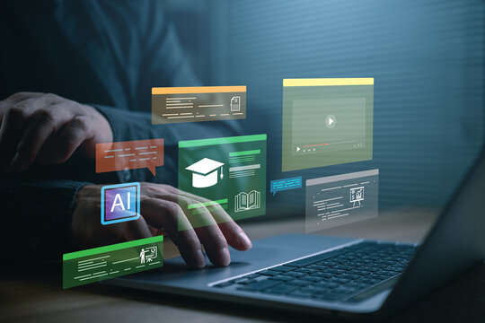 AI education platform with digital learning interface above a laptop, representing online courses, e-learning, smart tutoring, corporate training, educational technology, and knowledge management.