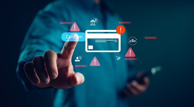 Cybersecurity payment verification interface with fraud warning alerts and secure confirmation button, online banking security, fraud detection, digital payment protection, cyber risk management.