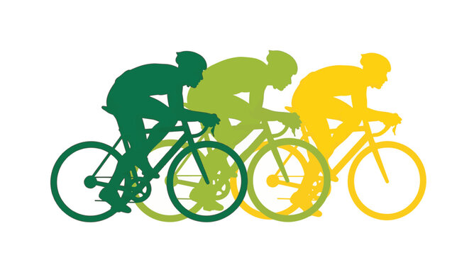 Minimalist vector illustration of three professional road cyclists in a competitive race posture, featuring overlapping silhouettes in a gradient of dark green to bright yellow.