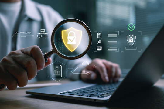 Data protection and cybersecurity concept with secure shield under a magnifying glass, representing privacy compliance, information security, cyber risk management, cloud protection, digital trust.