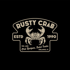 Obraz premium A black and beige vector illustration of a vintage-style crab logo with bold text, featuring a detailed crab graphic, ideal for seafood branding or restaurant design.