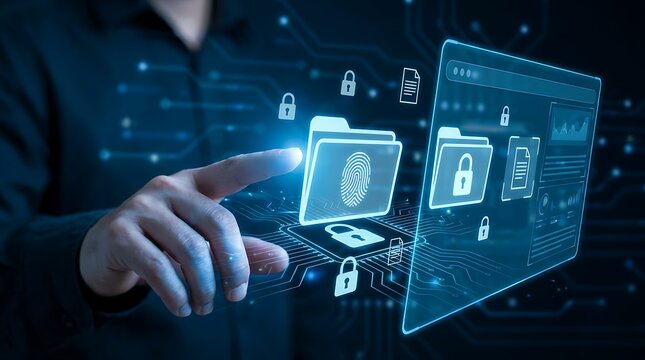 Fingerprint scan on digital interface displaying locked data folders and security icons with glowing circuit board patterns representing cybersecurity and digital identity protection technology.