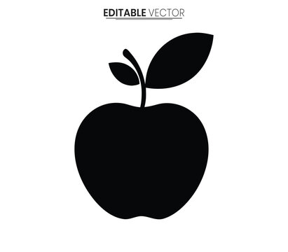 Black Silhouette Of Apple With Leaf Editable Vector Graphic On White Background