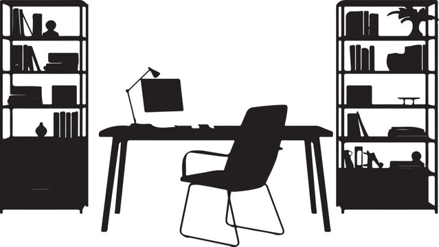 Black silhouette of a desk with chair, bookshelves, and lamp