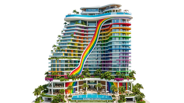 Large colorful building with waterslide.