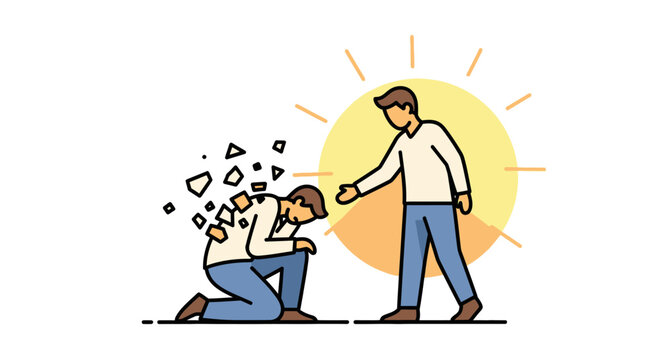 Man comforting another man kneeling.