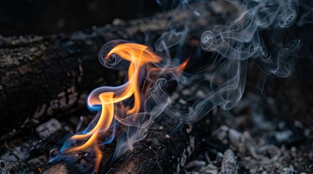 Fire frame with black background and flames concept. A mesmerizing flame dances above smoldering logs in twilight.