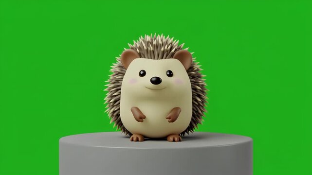 Cute hedgehog toy standing on pedestal with green screen background in cinematic motion