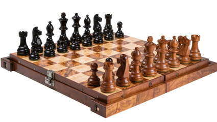 Luxury wooden chess set with black and brown pieces on checkered board © Jonas