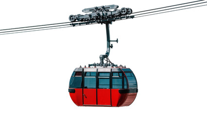 Red cable car cabin suspended from steel cables and mechanism © Jonas
