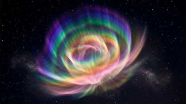 Vibrant rainbow nebula swirling in deep space captured with a digital artistic style featuring brilliant glowing colors and soft ethereal light patterns against dark starry skies