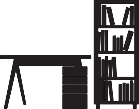Desk and bookshelf with books, black silhouette