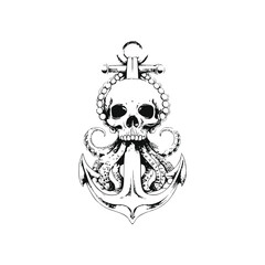 Fototapeta premium Skull Octopus Anchor Illustration, Black and White Vintage Nautical Engraving Vector Art