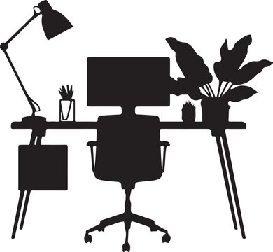 Black silhouette of an office desk with computer, chair lamp